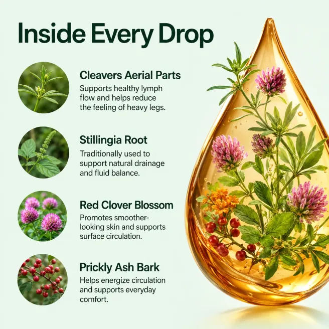 Producer's ingredient card titled Inside Every Drop, listing Cleavers aerial parts, Stillingia root, Red Clover blossom and Prickly Ash bark beside a golden drop full of the plants